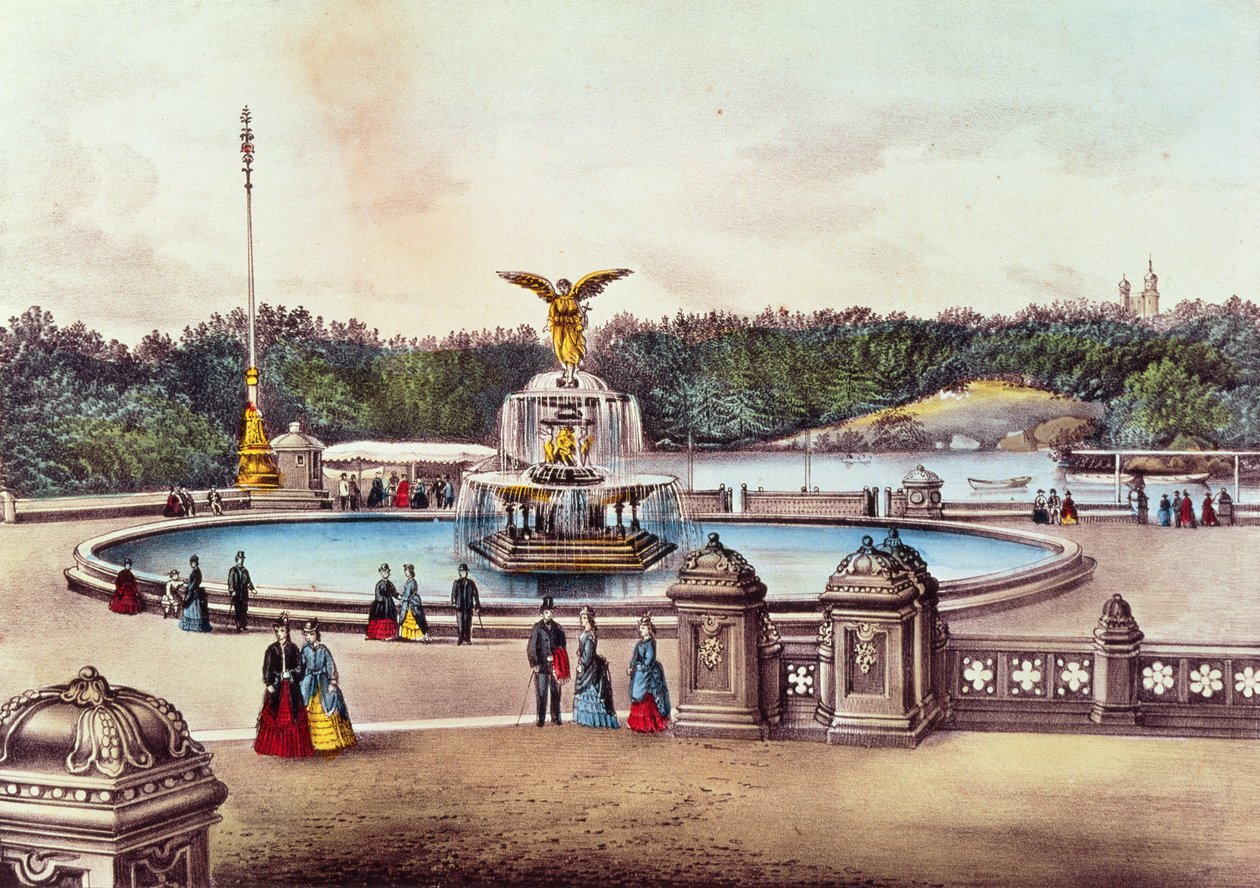 Bethesda Fountain, Central Park, Nowy Jork, opublikowana przez Nathaniela Curriera (1813-88) i Jamesa Merritta Ivesa (1813-88) (kolor lito) autorstwa American School