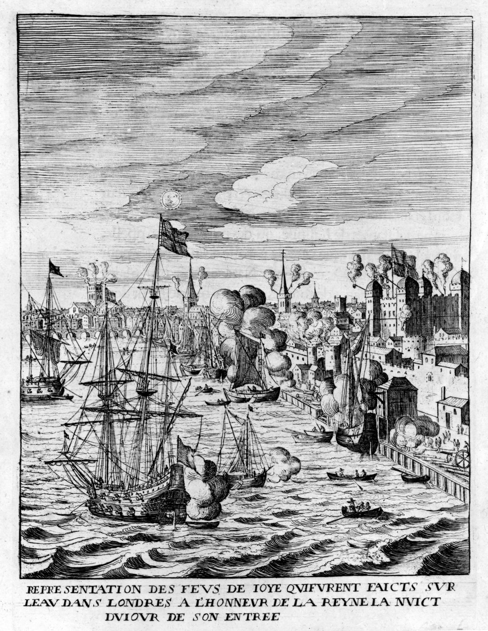 Zapalone pożary w Tower of London i ostrzał armat na cześć przybycia królowej Marii Medycejskiej, ilustracja z „Histoire de Entrée de la Reyne Mère dans la Grande Brétaigne” Jeana Pugeta de autorstwa English School