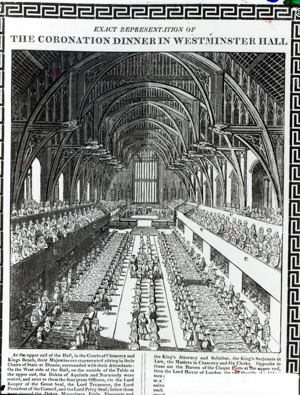 Bankiet Koronacyjny w Westminster Hall, z księgi upamiętniającej koronację króla Wilhelma III (1650-1702) i królowej Marii II (1662-94) autorstwa Francisa Sandforda (1630-94) autorstwa English School