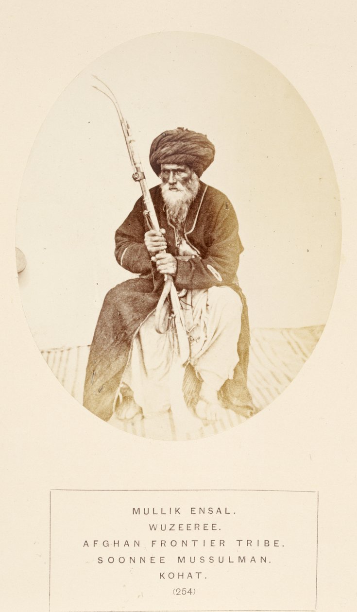 Mullik Ensal, plemię Wuzeeree z afgańskiego pogranicza, Kohat, z książki The People of India, autorstwa J. Forbes Watson, opublikowanej w 1868 r. (odbitka albuminowa) autorstwa English Photographer