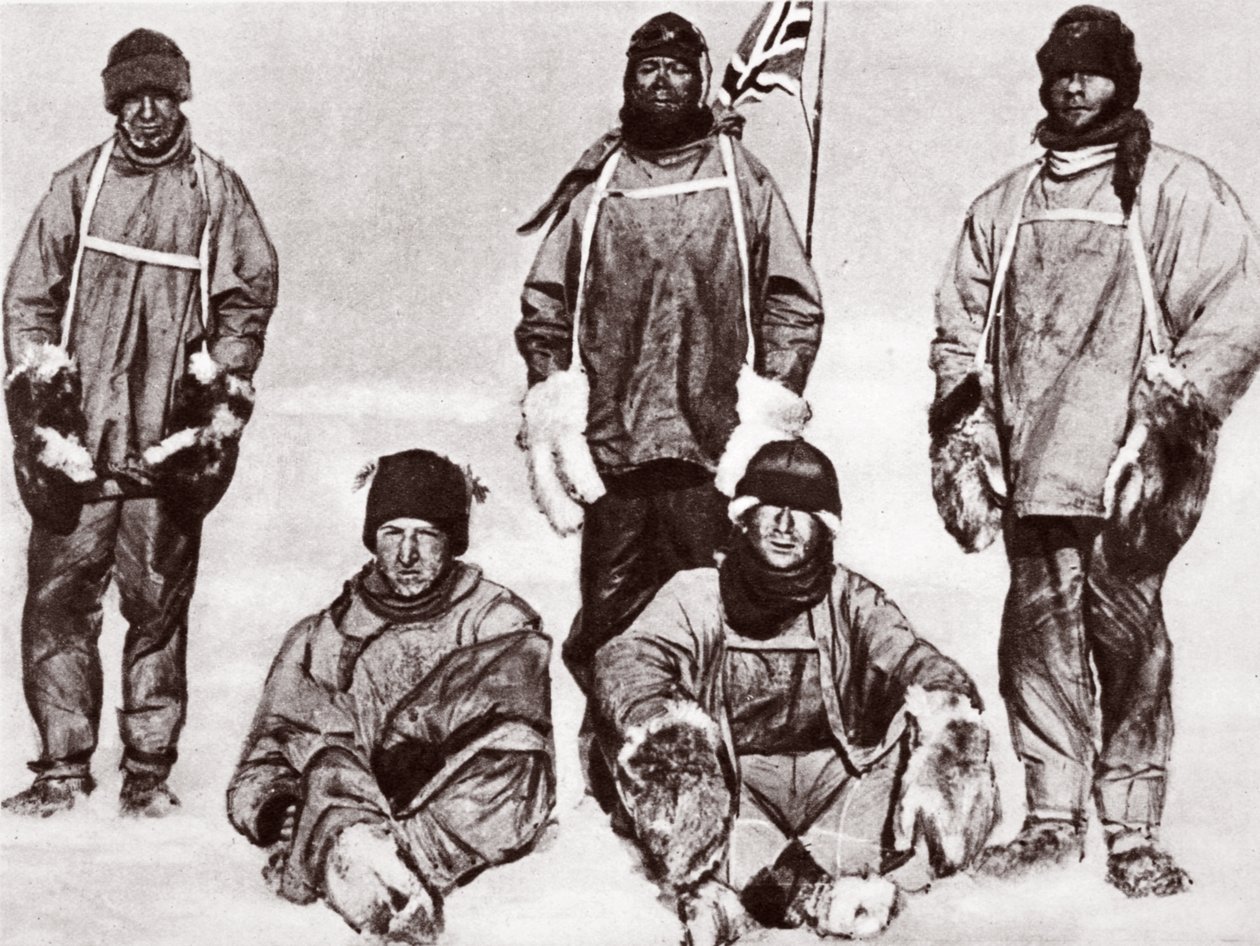 Scott, Wilson, Oates, Bowers i Evans na biegunie południowym, 18 stycznia 1912 r. autorstwa English Photographer