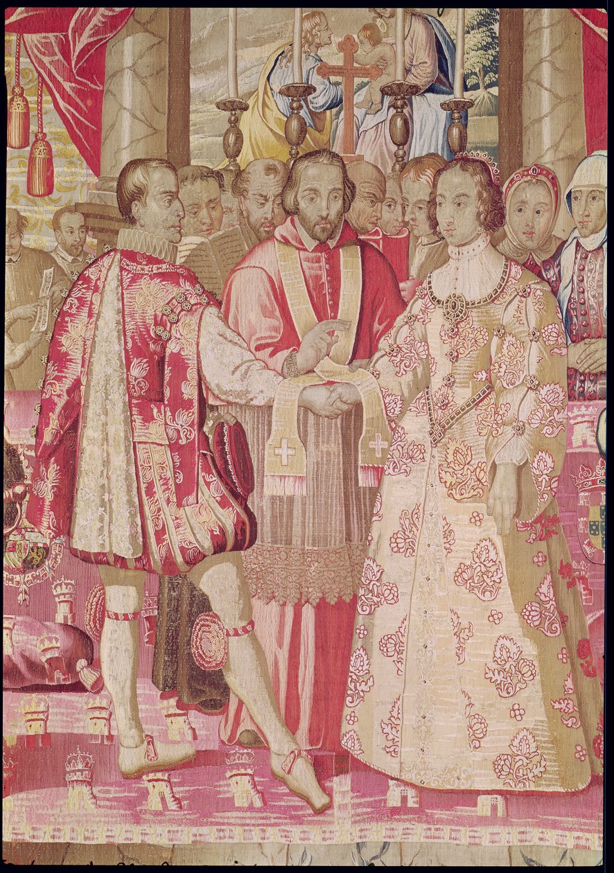 Karolio V gobelenas, vaizduojantis Karolio V (1500–1558 m.) vedybas su Portugalijos Izabele (1503–39 m.) 1526 m., kardinolo palaiminimo pora Briugėje, apie 1630–1640 m. (78692 m. detalė) Polis. autorstwa Flemish School