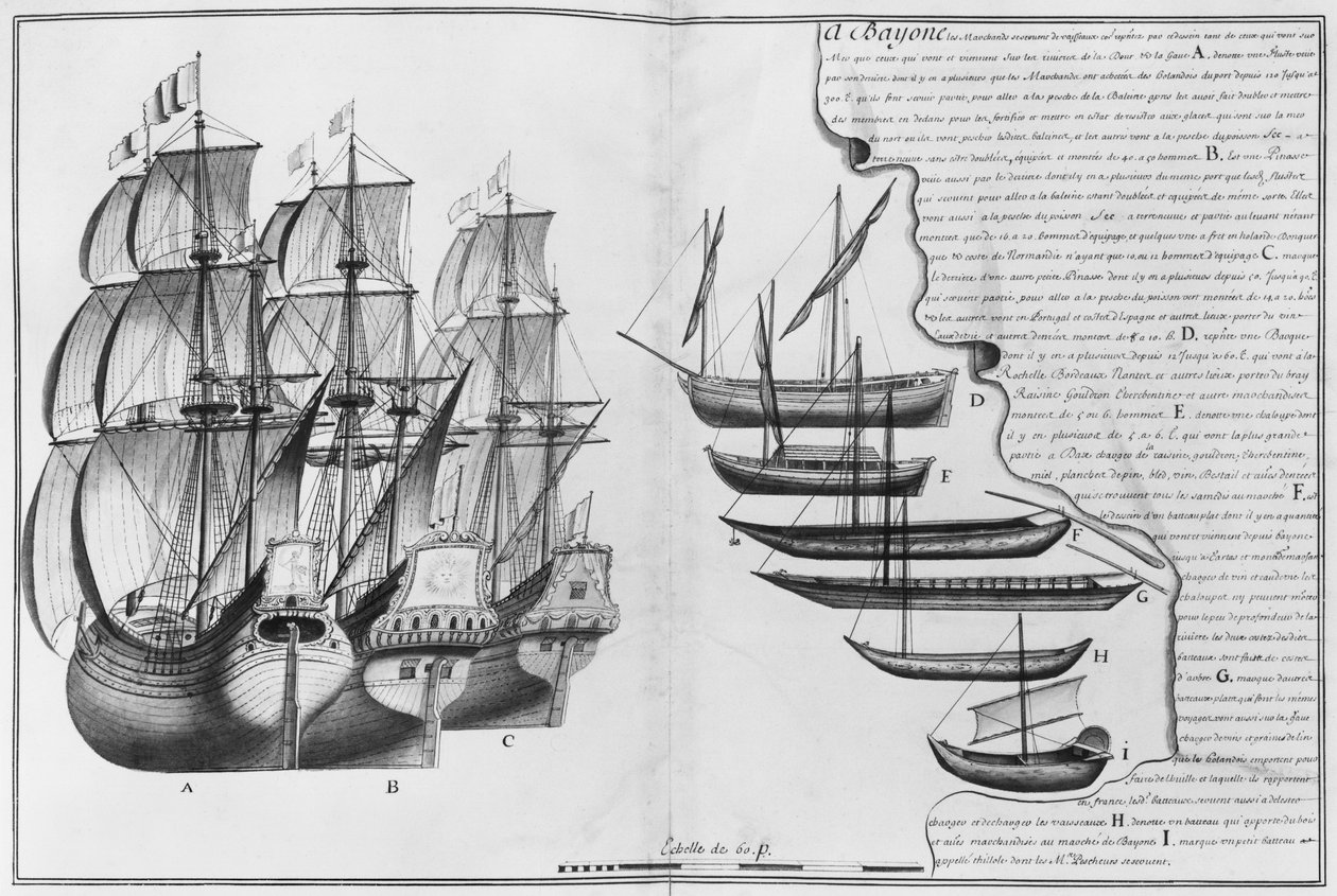 Holenderski statek sklepowy, łodzie znane jako pinasses i różne małe łodzie, Bayonne, ilustracja z "Desseins des differentes manieres de vaisseaux... deouis Nantes jusqu