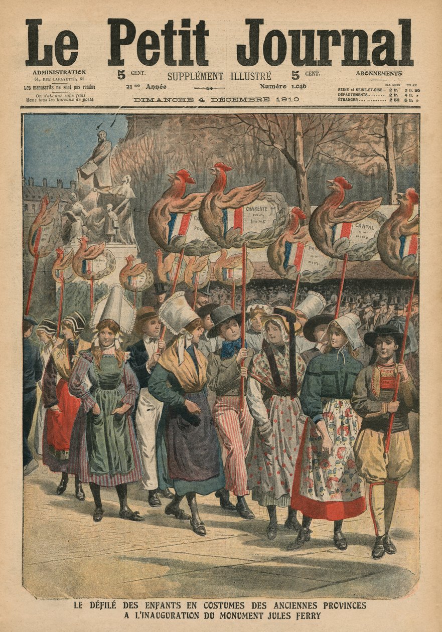 Dzieci ubrane w stroje prowincji paradujące na inaugurację pomnika Jules Ferry, Paryż, ilustracja z „Le Petit Journal”, dodatek ilustr., 4 grudnia 1910 (kolor lit autorstwa French School