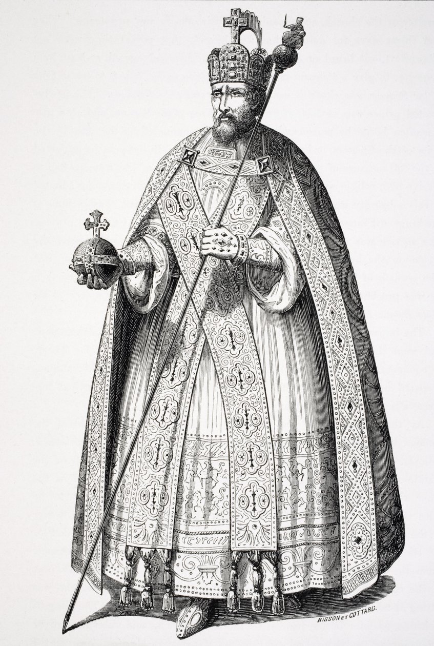 Strój koronacyjny cesarzy, według ryciny w "Insignia Sacrae Majistatis Caesarum Principum", z "Le Moyen Age et La Renaissance" Paula Lacroix (1806-84) opublikowanej w 1847 r. autorstwa French School