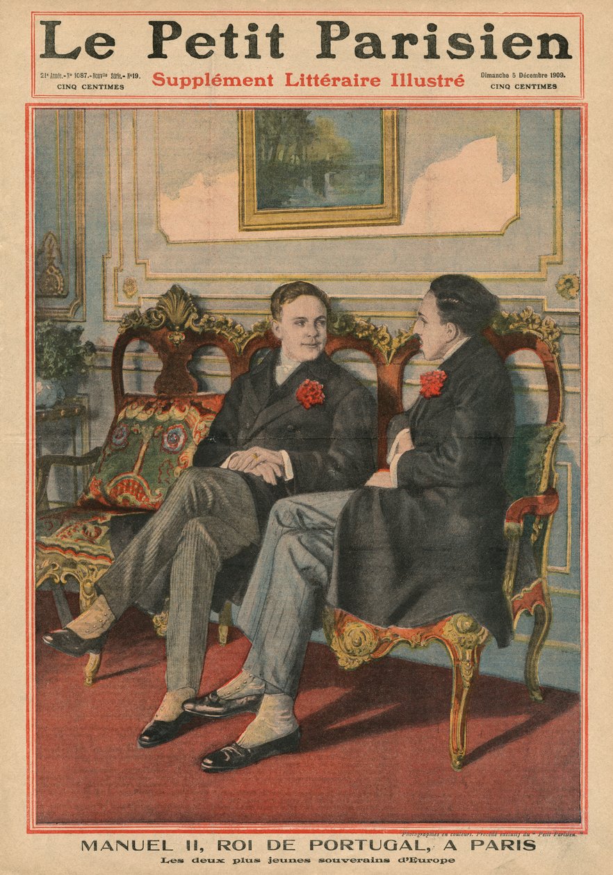 Manuel II, król Portugalii, w Paryżu z Alfonsem XIII, królem Hiszpanii, dwoma najmłodszymi władcami Europy, ilustracja na okładce z „Le Petit Parisien”, supplemnet litteraire illustre, 5 de autorstwa French School