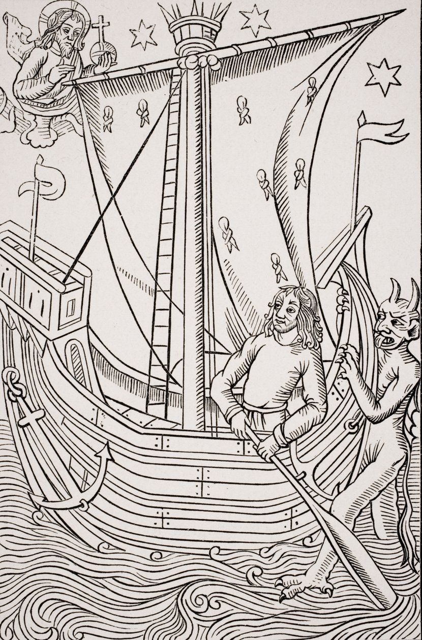 Naczynie kupieckie w burzy, faksymile drzeworytu w „Grand Kalendrier et Compost des Bergers” Nicolasa de Rouge, wydrukowane ok. 1490, z pubu „Le Moyen Age et La Renaissance” Paula Lacroix (1806-84) autorstwa French School