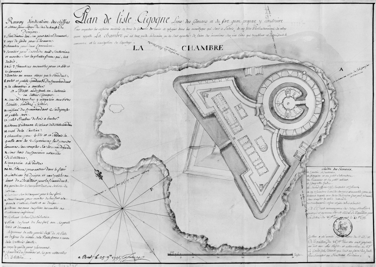 Plan Ile Cigogne i projekt fortu, Archipel des Glenan, 1745 (ołówek i wc na papierze) autorstwa French School