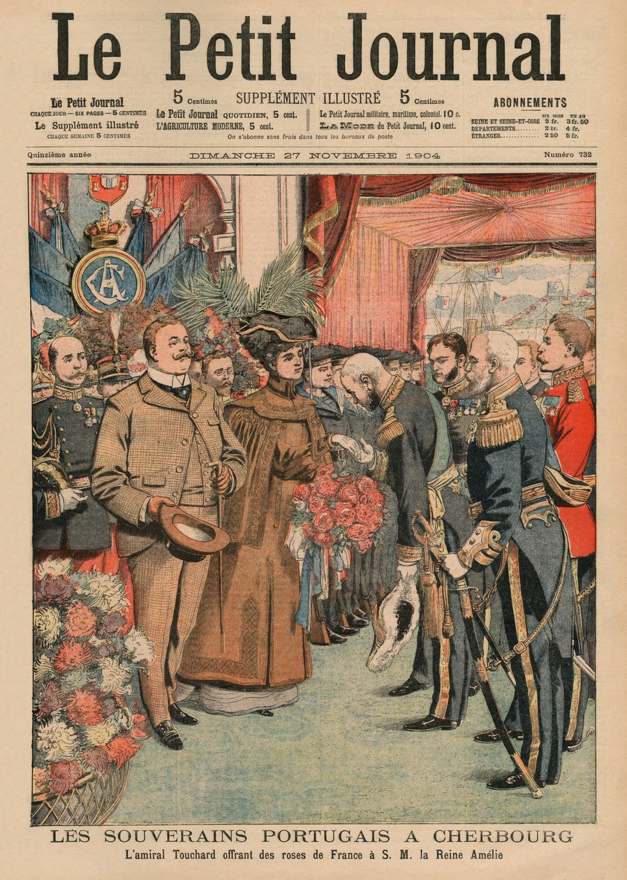 Portugalscy władcy w Cherbourgu, admirał Touchard oferujący francuskie róże Jej Królewskiej Mości Amelii z Portugalii, ilustracja na okładce z „Le Petit Journal”, dodatek illustre, 27 listopada autorstwa French School