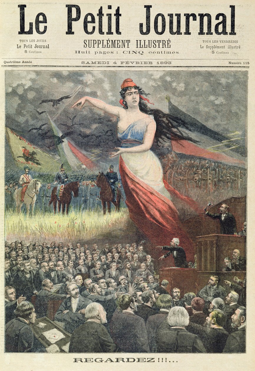 Podczas gdy w parlamencie jest zamieszanie, wrogowie Francji szykują się, z pierwszej strony ilustrowanego dodatku „Le Petit Journal”, 4 lutego 1893 (kolor lito) autorstwa French School