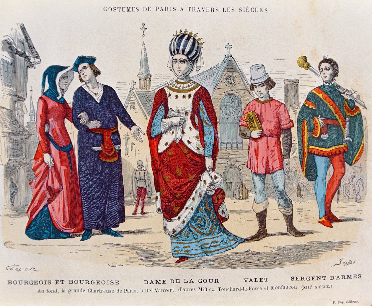 Stroje dworskie we Francji w XIII wieku, ilustracja z „Costumes de Paris a travers les siecles” H. Gourdona de Genouillac, sztychowana przez Stablo (XIX w.) (kolorystyka) autorstwa Gerlier