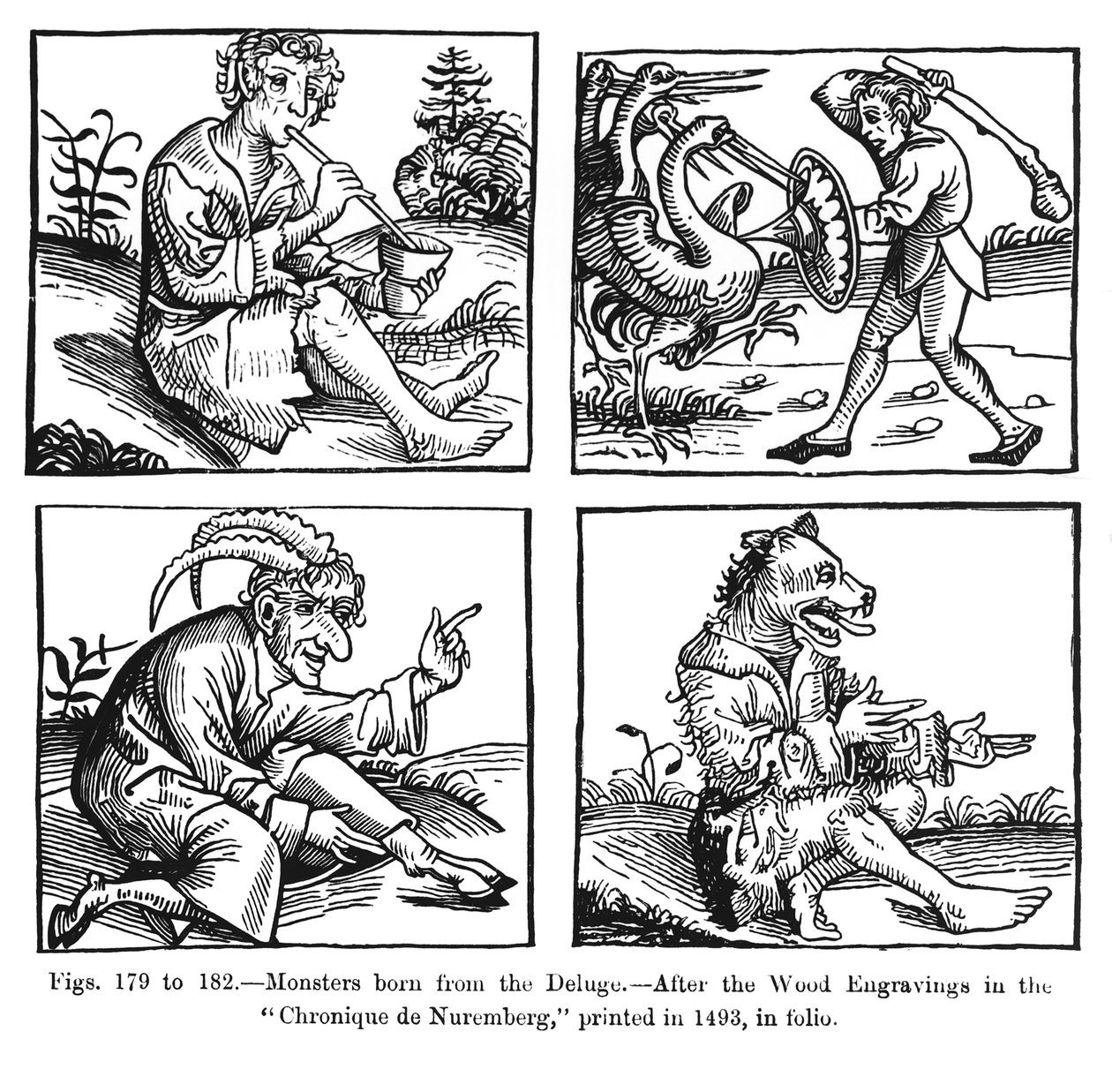 Potwory zrodzone z potopu, po drzeworytach w „Chronique de Norymberga”, wydrukowanej w 1493 r., ilustracja z „Nauka i literatura średniowiecza i renesansu”, napisały autorstwa German School