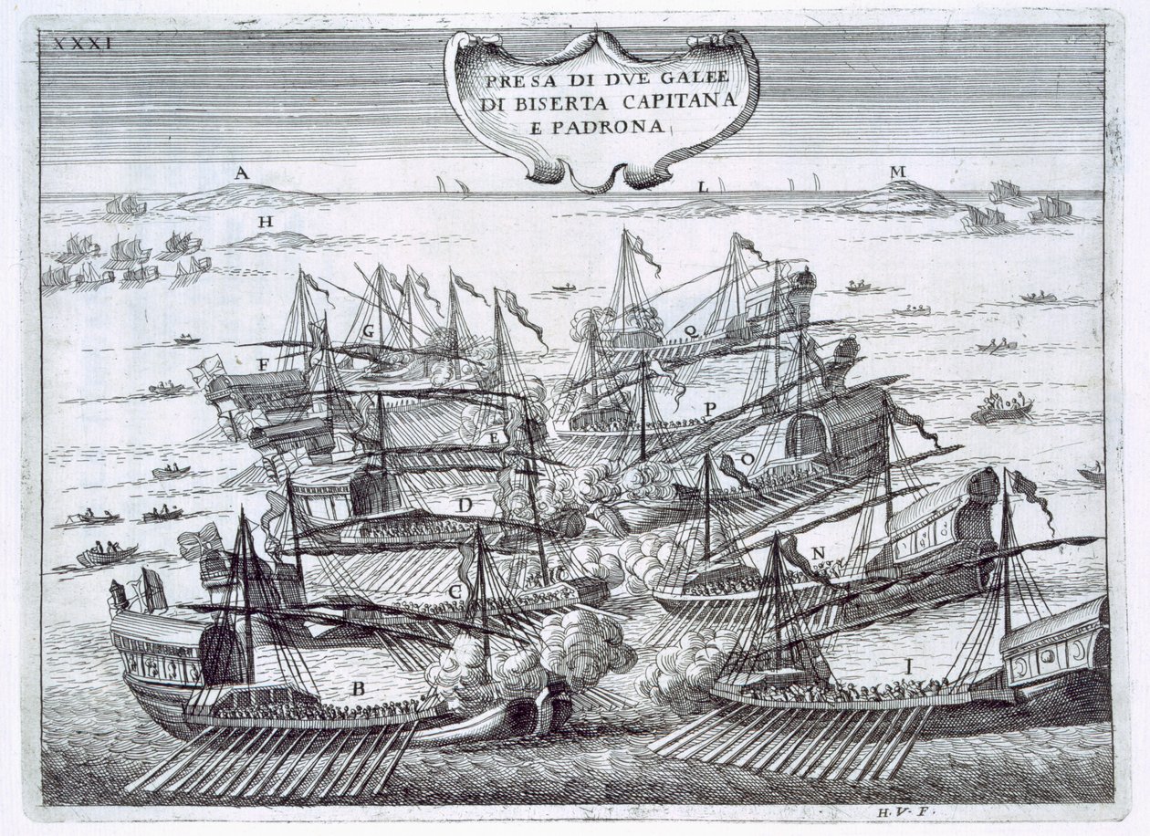Dwa galeony Birserta zabrane przez Włochów w bitwie morskiej łeb w łeb, głównie z galeas, ilustracja z „Values ​​of Tuscany In the Most Significant Enterprises de Cavalieri di Santo Stefano” autorstwa Fu autorstwa Italian School