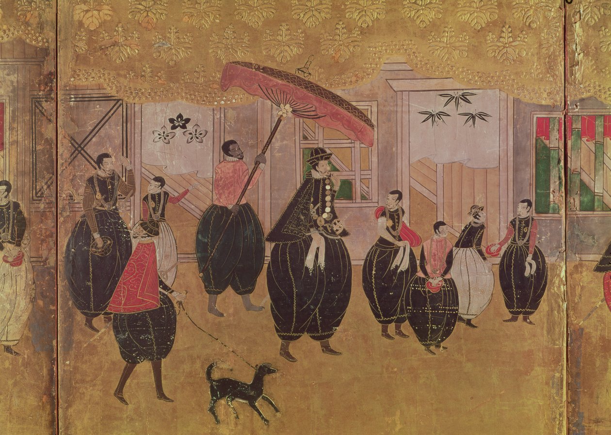 Święty Franciszek Ksawery (1506-51) i jego świta, detal prawej części składanego ekranu przedstawiającego przybycie Portugalczyków do Japonii, Szkoła Kano (lakier) autorstwa Japanese School