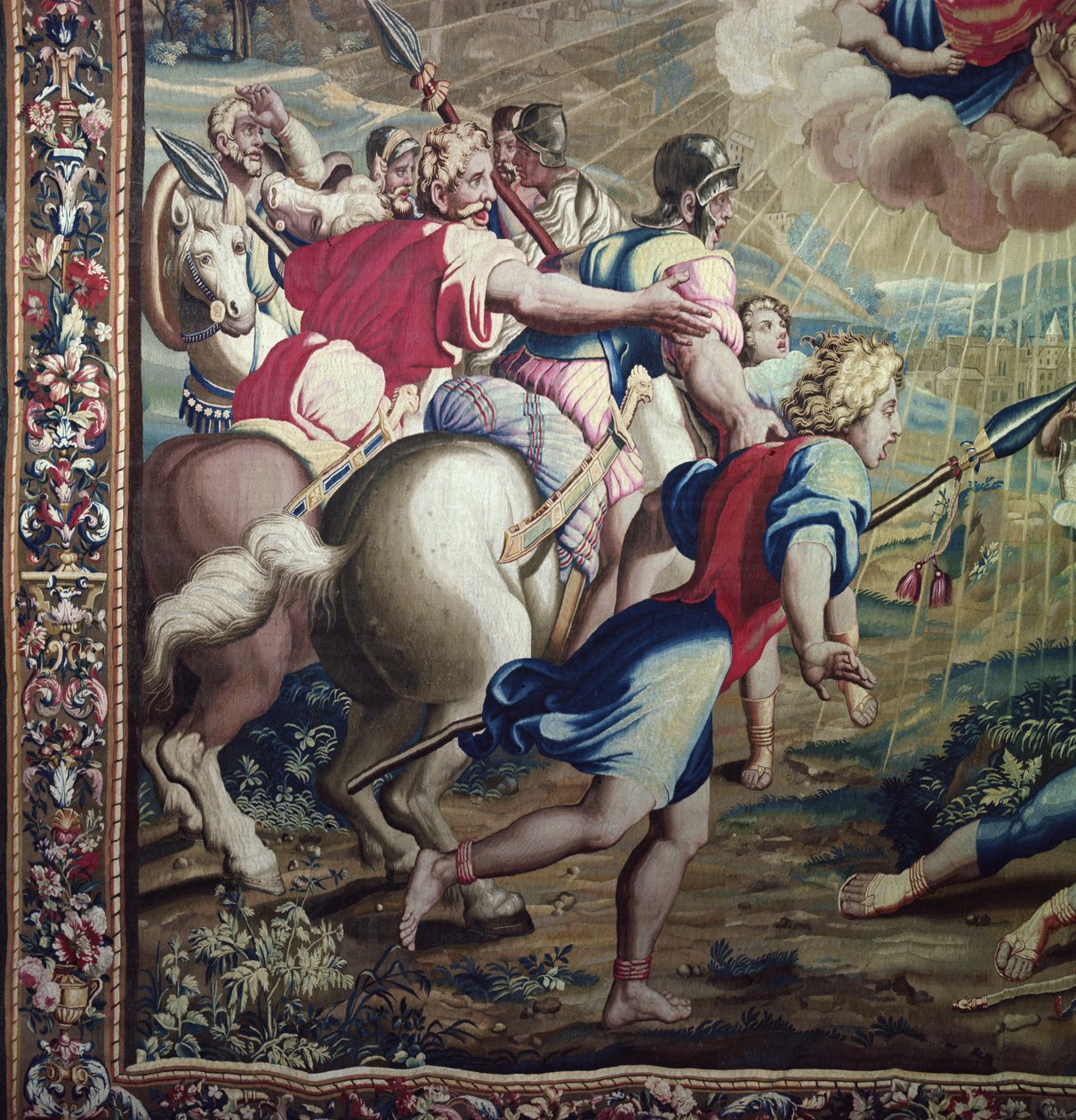 Gobelin przedstawiający Dzieje Apostolskie, Nawrócenie św. Paweł (fragment towarzyszy św. Pawła), tkany w warsztacie Beauvais pod kierunkiem Philippe