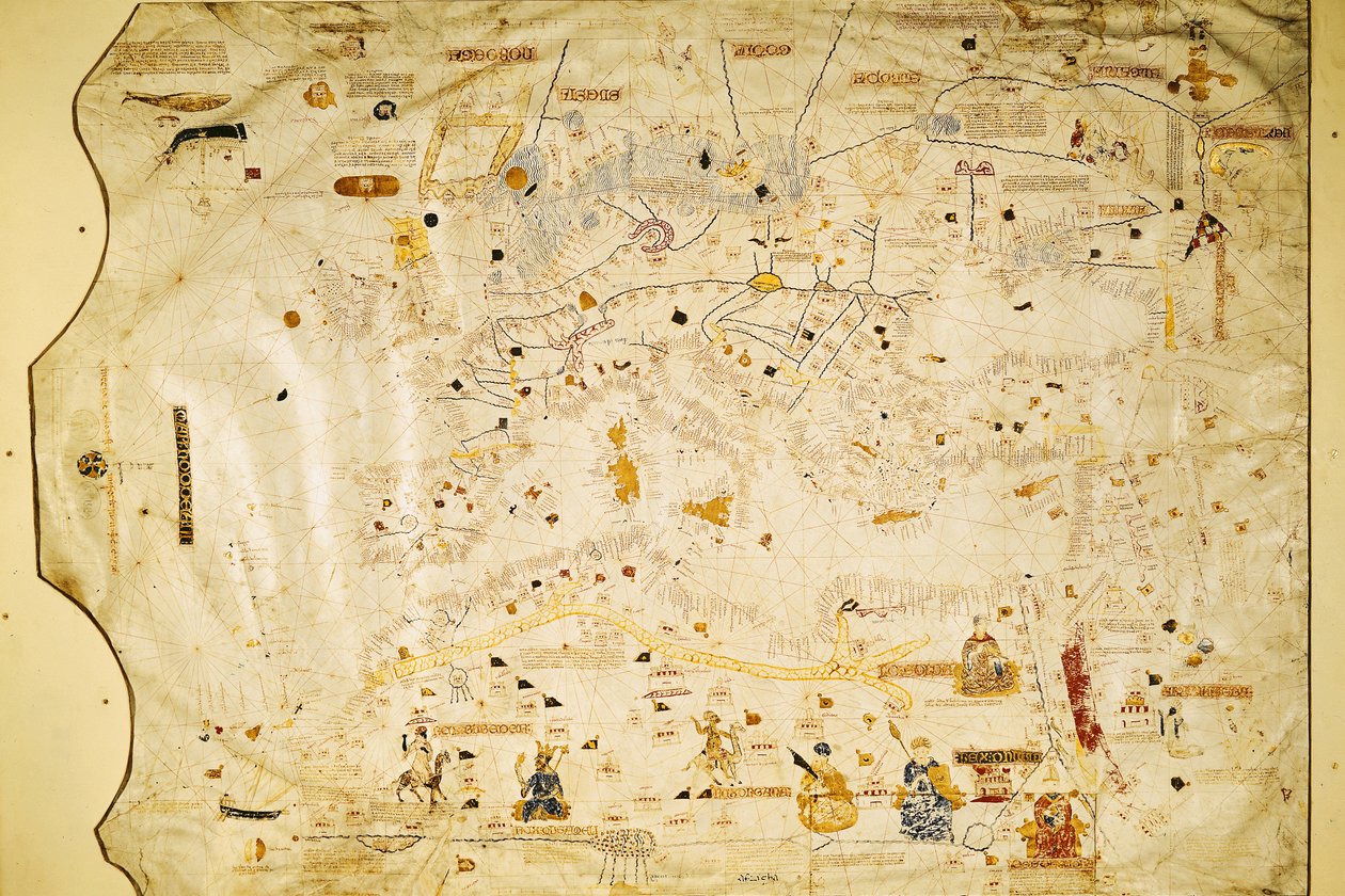 Mapa Karola V, Mapa Mecia de Viladestes, portulanii Europy i Afryki Północnej, 1413 (welum) autorstwa Spanish School