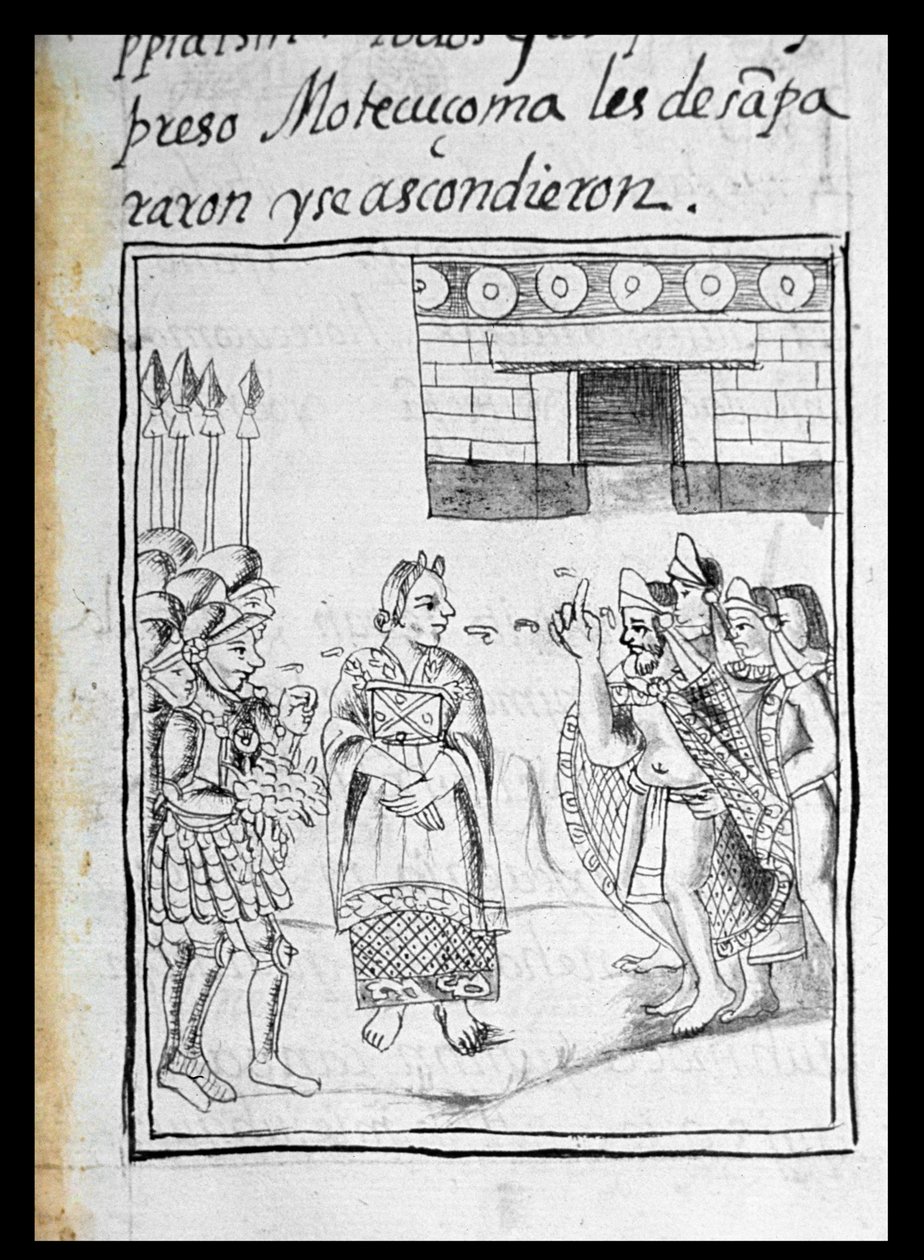 Pani Palat. 218-220 Księga IX Tłumaczenia Mariny dla Hiszpanów na spotkaniu Hernando Cortesa i Montezumy (1466-1520), z „Kodeksu florenckiego” Bernardino de Sahaguna, ok. 1540-85 autorstwa Spanish School