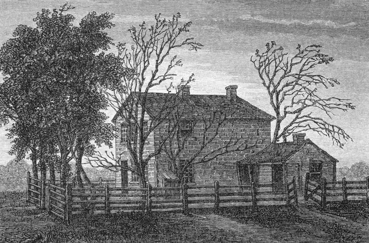 Więzienie w Carthage, Illinois, w którym Mormon Prorok Józef Smith i jego brat Hyrum zostali uwięzieni i zamordowani w 1844, z „La Vuelta al Mundo” opublikowanej w Madrycie, 1865 autorstwa Spanish School