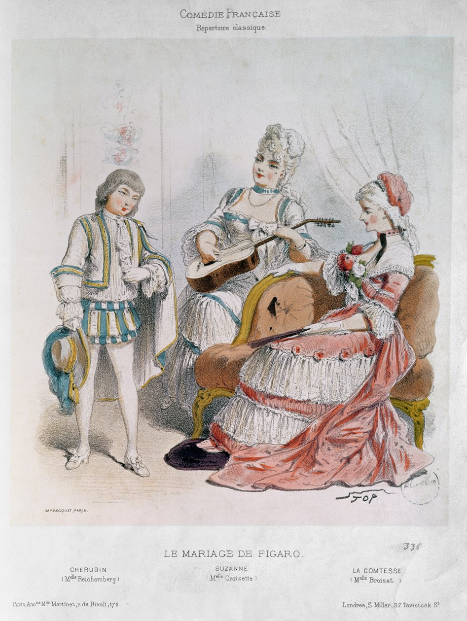 Mademoiselle Reichemberg jako Cherubin, Mademoiselle Croizette jako Suzanne i Mademoiselle Broisat jako hrabina w „Weselu Figara” Pierre-Augustina Carona de Beaumarchais (1732-99) (kolor autorstwa Stop