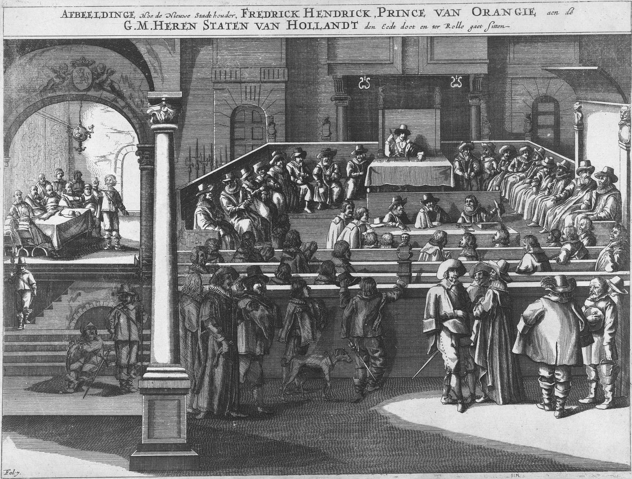 Ilustracja, Jak posiadacz Nieuwe Stadt, Fredrick Hendrick, książę van Orangie i G.M. Heren Staten van Hollandt den Eedt robią i siedzą na Rolle Frederik Hendrik składa przysięgę jako namiestnik i zajmuje miejsce w Stanach Holandii, 1625 autorstwa Unknown