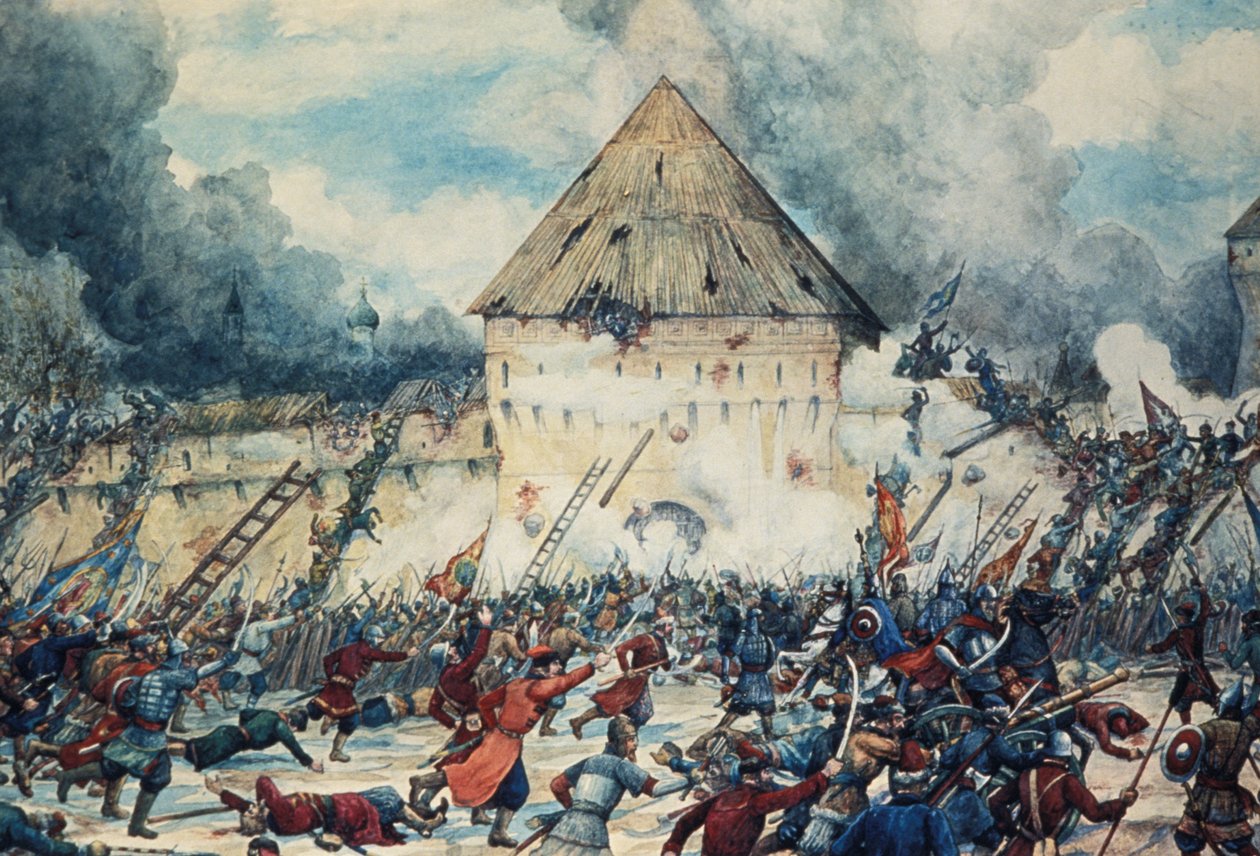Bitwa z polskimi interwencjonistami pod bramą Włodzimierza Kitaj-Gorod (China Town) w Moskwie, 1612, akwarela G, Lissner. autorstwa Unknown