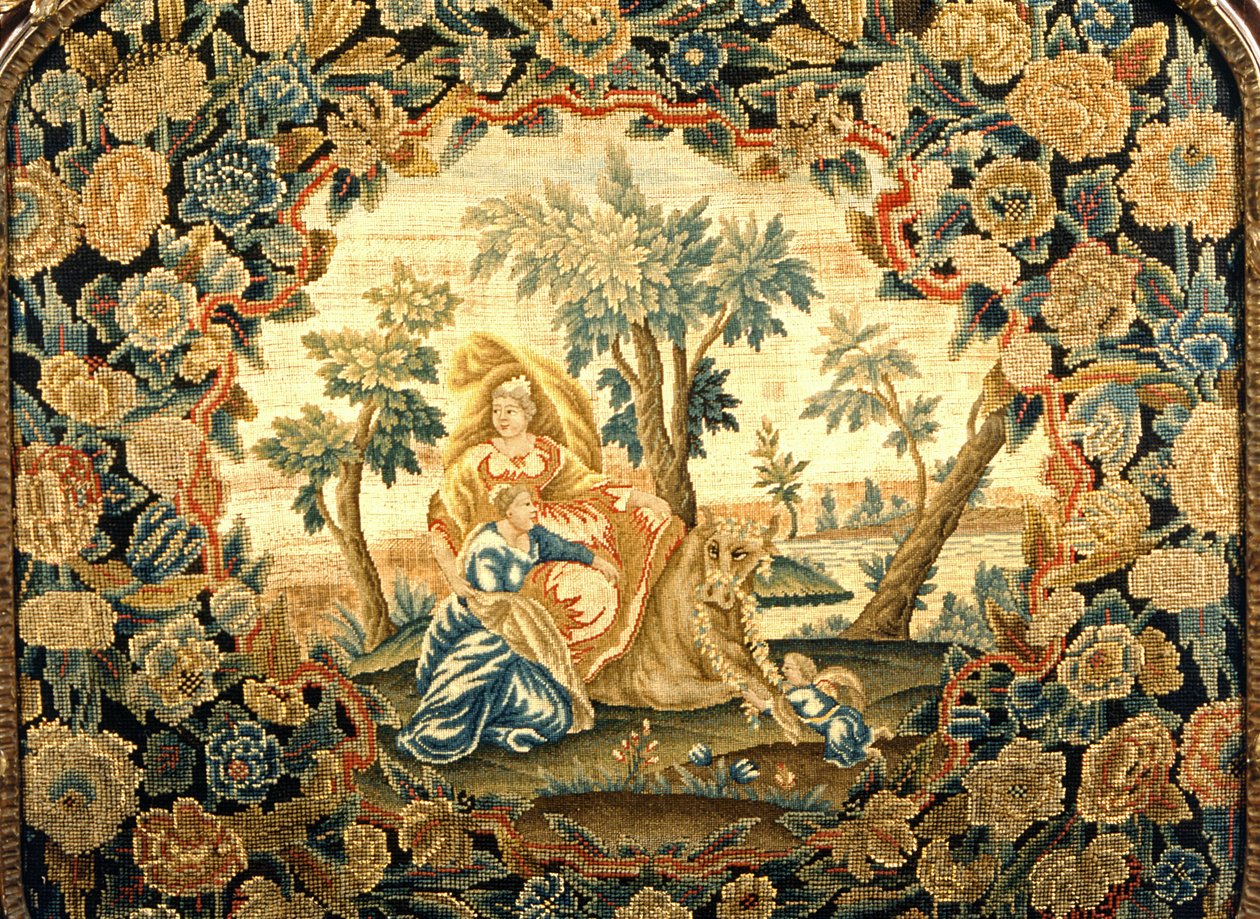 Europa i Byk, zbliżenie ekranu gobelinowego w drewnianej ramie Jerzego III, XVIII w. (wełna i jedwab) autorstwa Unknown