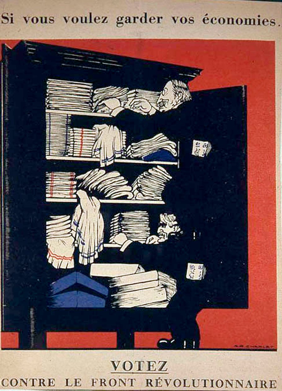 Jeśli chcesz zachować swoje oszczędności, głosuj przeciwko frontowi rewolucyjnemu, plakat antykomunistyczny z 1936 r. autorstwa Unknown