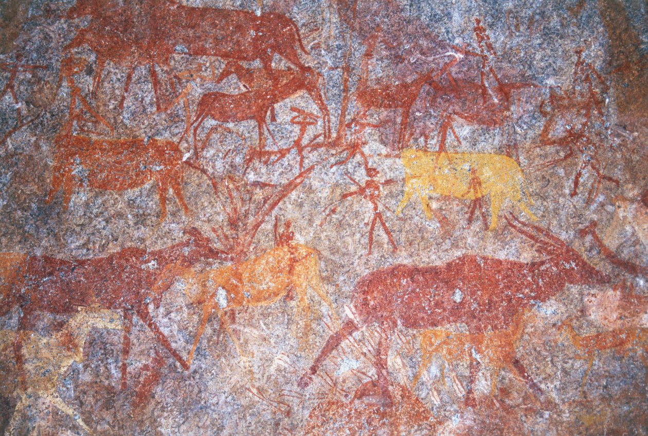 Malowidła naskalne Inanke sfotografowane w jaskini w Parku Narodowym Matobo w Zimbabwe. 1 kwietnia 1998 r. autorstwa Unknown