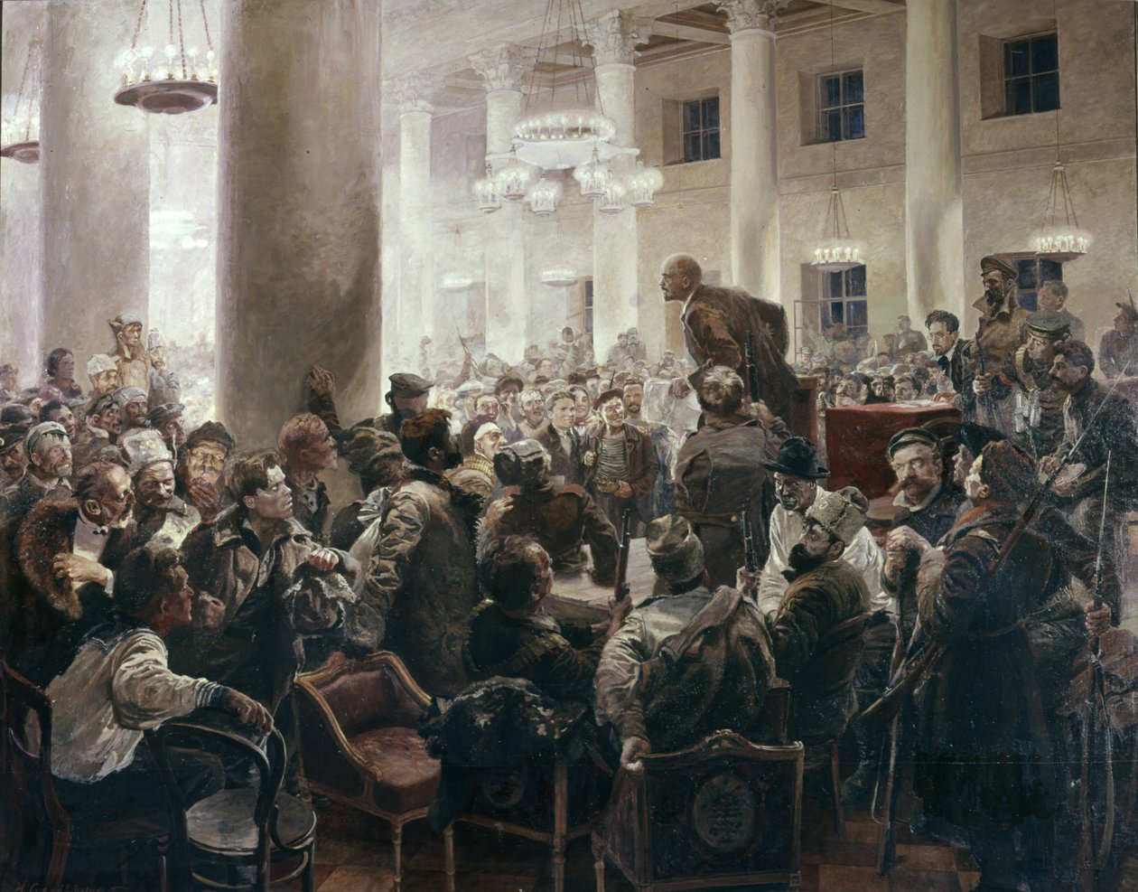 Lenin Przemówienie na Ogólnounijnym Rosyjskim Zjeździe Sowietów przy I, A, Serebryany, Centralne Muzeum Lenina, Leningrad, Spotkanie V, I, Lenina z N, K, Krupskoj. autorstwa Unknown