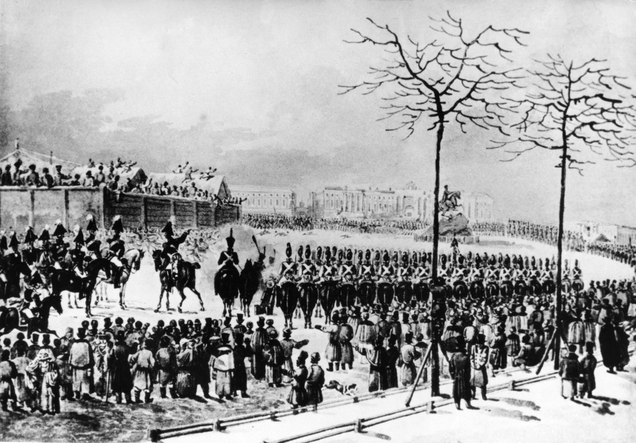 Powstanie dekabrystów, 1825, Plac Senacki, Sankt Petersburg, Rosja, Car Mikołaj I rozkazuje buntownikom strzelanie z armat, 14 grudnia 1825, ze starej akwareli K. Kolmana. autorstwa Unknown