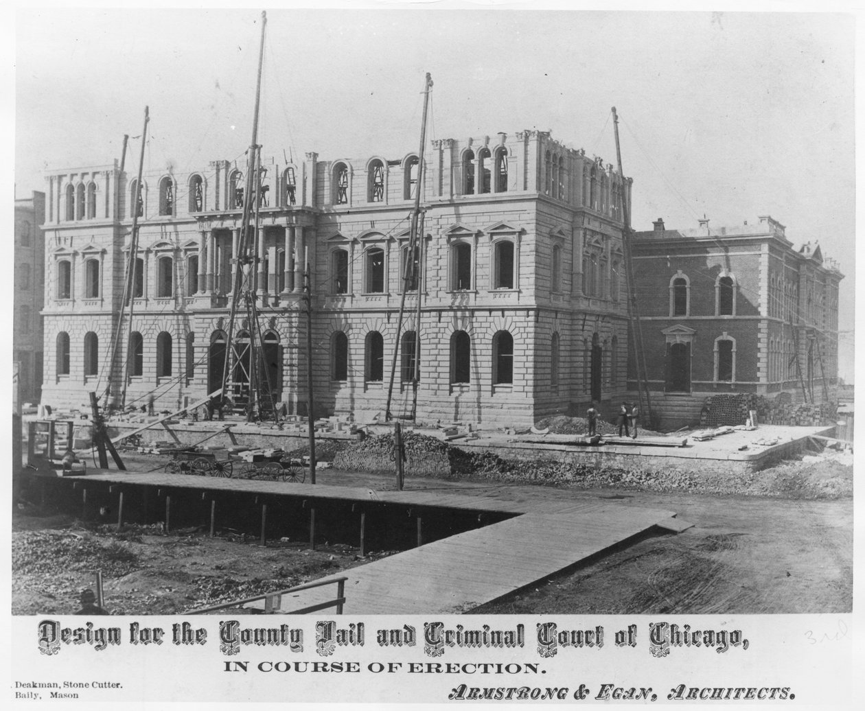Projekt dla Okręgowego Więzienia i Sądu Karnego w Chicago, w trakcie wznoszenia, ok. 1883 r. autorstwa American Photographer