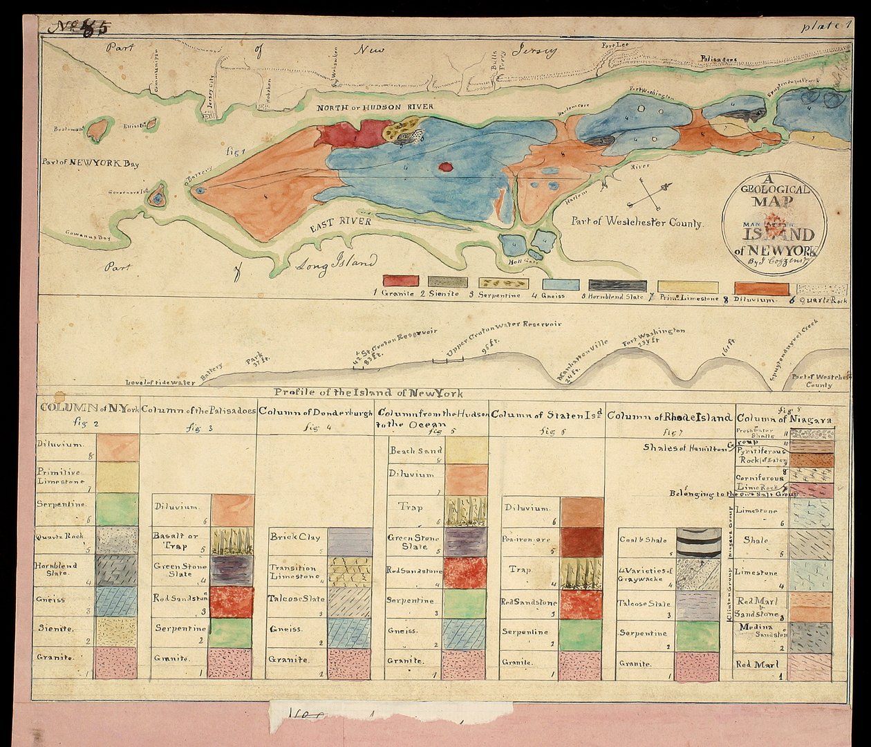 A Geological Map [of] Manhattan Island of New York, 1842 (litografia ręcznie kolorowana, oprawiona w papier) autorstwa American School