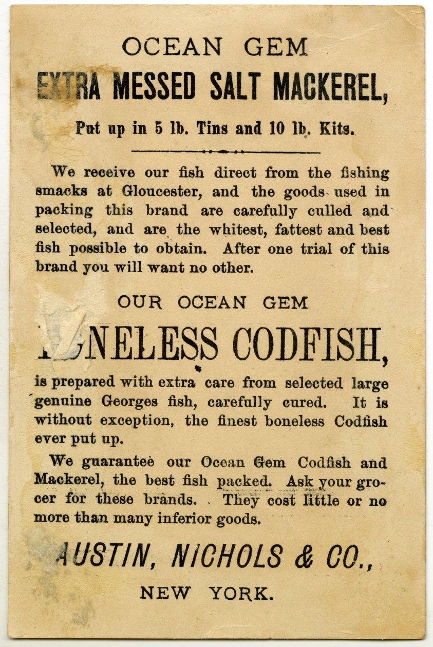 Austin, Nichols & Co. Ocean Gem Skumbrė, prekybos kortelė priešingai. (litografija [prekybos kortelė])poli autorstwa American School