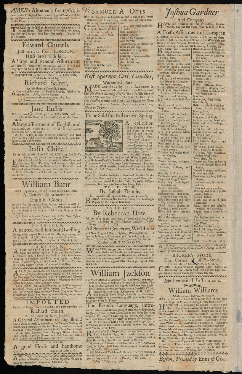 Boston Reklamy towarów podlegających cłom importowym i ograniczeniom handlowym, z Boston Gazette and Country Journal, 7 listopada 1768 autorstwa American School