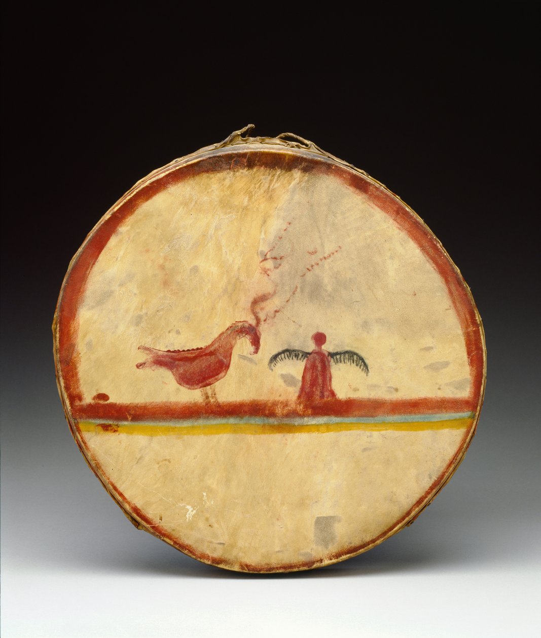 Bęben, Kultura Chippewa, ok. 1840 (drewno, skóra jelenia i pigment) autorstwa American School
