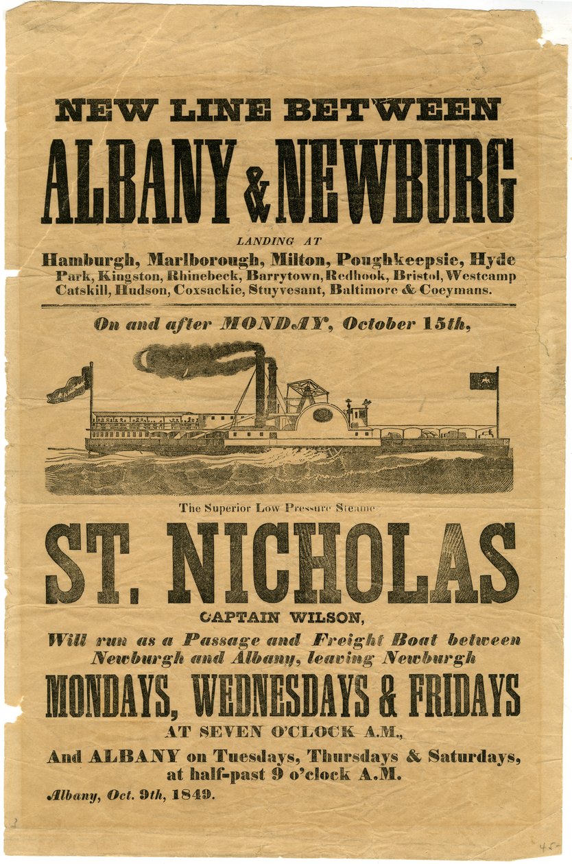 Nowa linia między Albany i Newburgiem... Niskociśnieniowy parowiec St. Nicholas, 1849 (drzeworyt) autorstwa American School