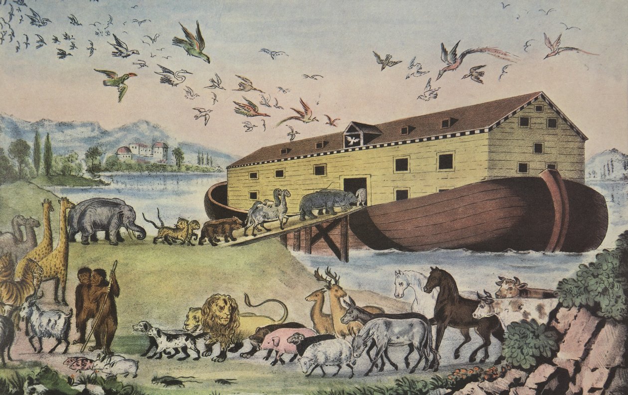 Arka Noego, I weszli do Noego do arki, dwojga i dwojga z wszelkiego ciała, w której jest tchnienie życia - Gen. VII 15, wyd. 1865, Currier i Ives autorstwa American School