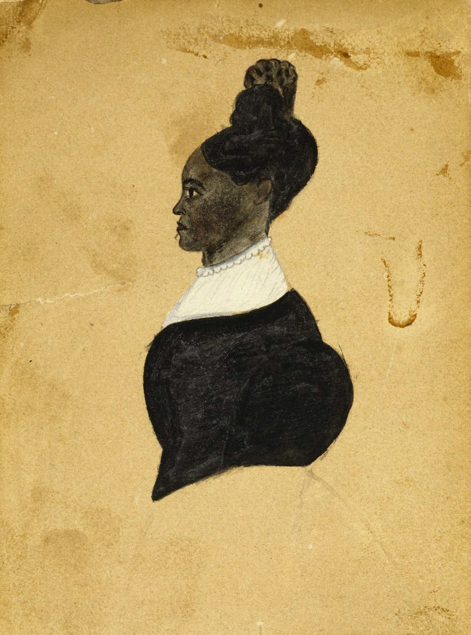 Rysunek sylwetki młodej kobiety, c. 1840-1850 (czarny tusz z nakreśleniem kredą na tkanym papierze z pulpy drzewnej) autorstwa American School