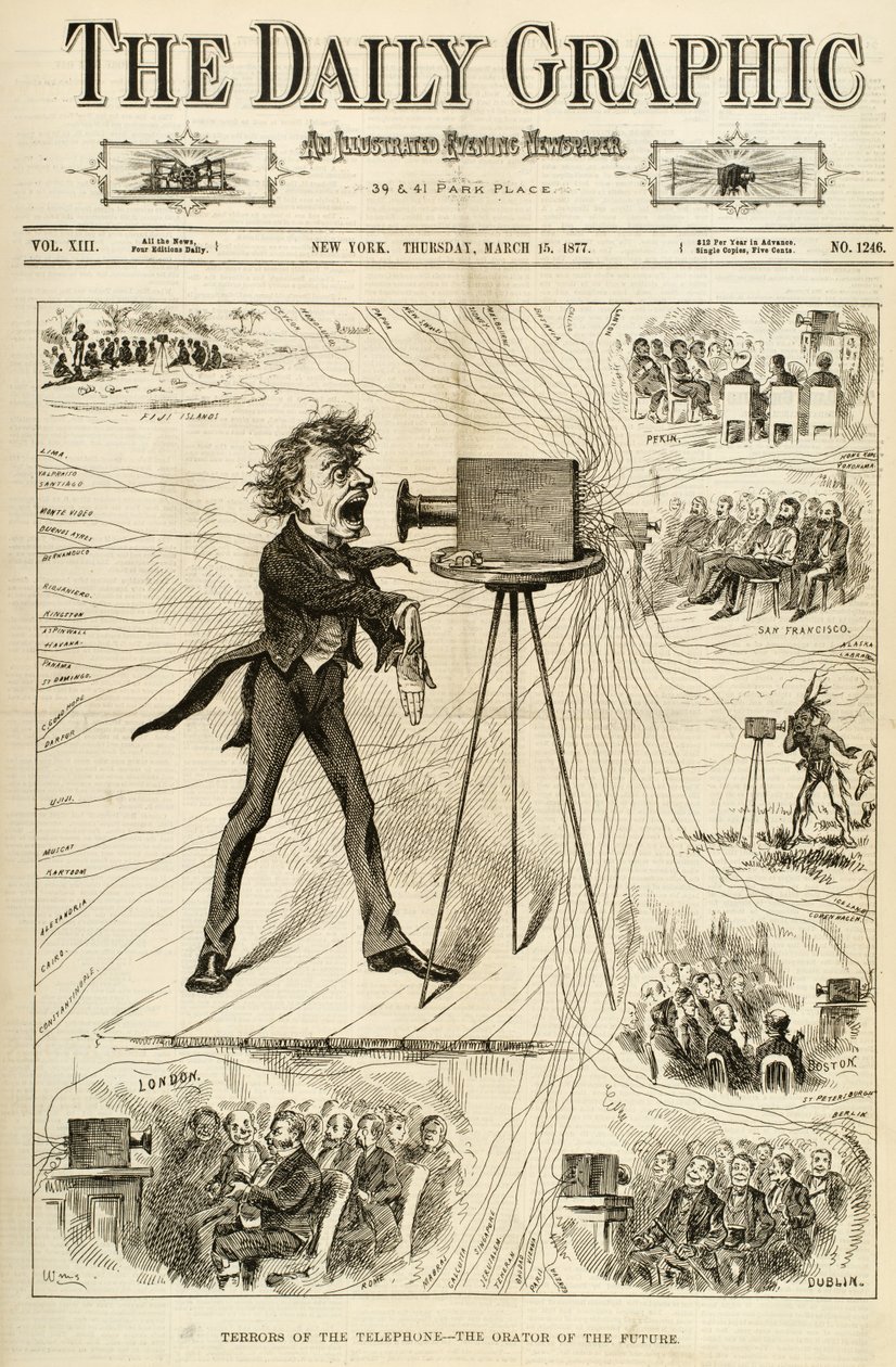 Strachy telefonu, ilustracja z Grafiki dziennej, 15 marca 1877 r. autorstwa American School