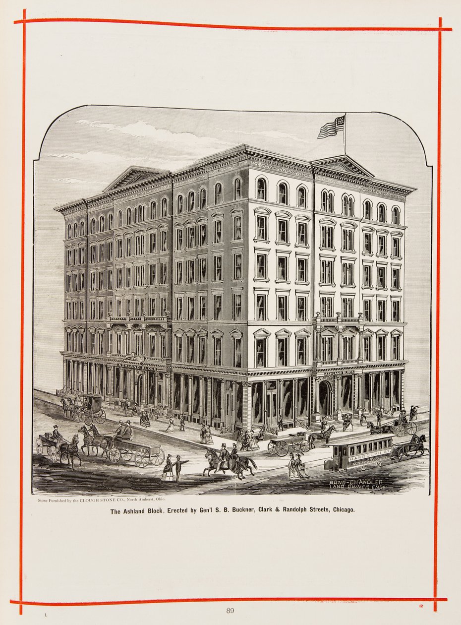 Ashland Block przy Clark and Randolph Streets, Chicago, Ilustracja w The Merchants and Manufacturers of Chicago Illustrated, 1873 autorstwa American School