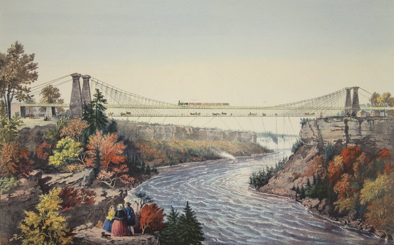 Most wiszący Rail Road, w pobliżu wodospadu Niagara, 1856, Currier i Ives autorstwa American School