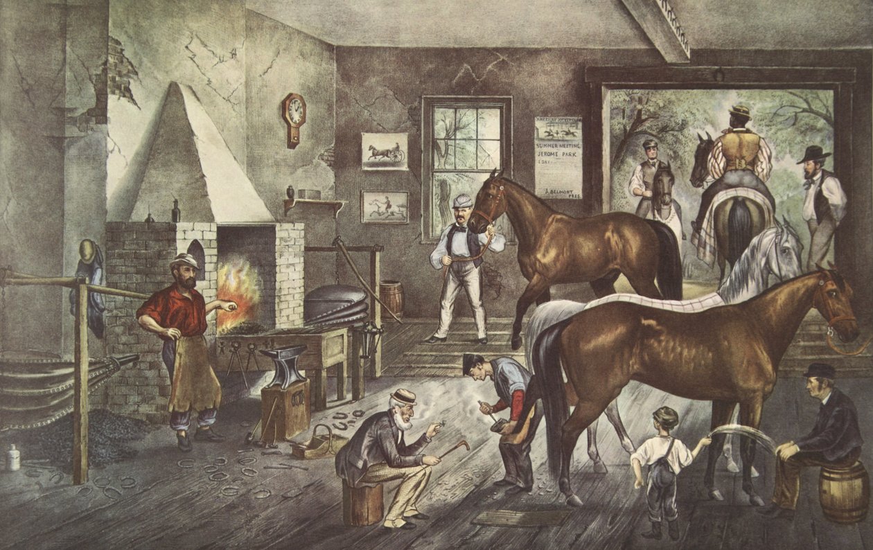 Trotting Cracks at the Forge, wyd. 1869, Currier i Ives autorstwa American School