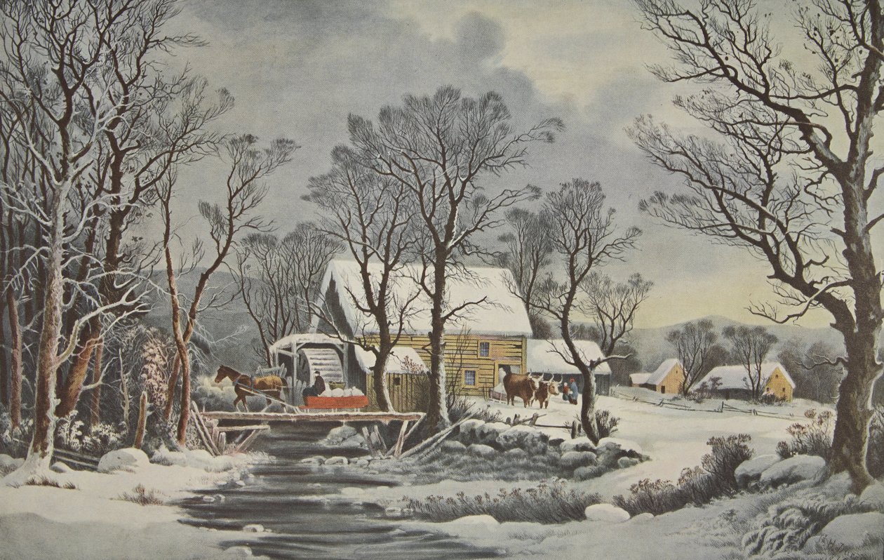 Zima na wsi - Stary Młyn Przemiałowy, wyd. 1864, Currier i Ives autorstwa American School