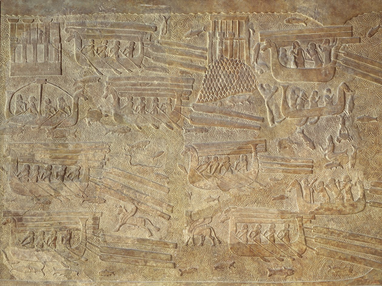 Relief przedstawiający transport drewna drogą morską autorstwa Assyrian