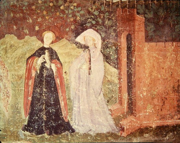 Miesiąc czerwiec, fragment dwóch kobiet idących na spacer, ok. 1400 autorstwa Bohemian School