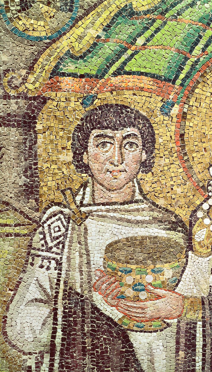 Cesarzowa Teodora ze swoim dworem złożonym z dwóch ministrów i siedmiu kobiet, ok. 547 r. (mozaika) (detal z 220592) autorstwa Byzantine School