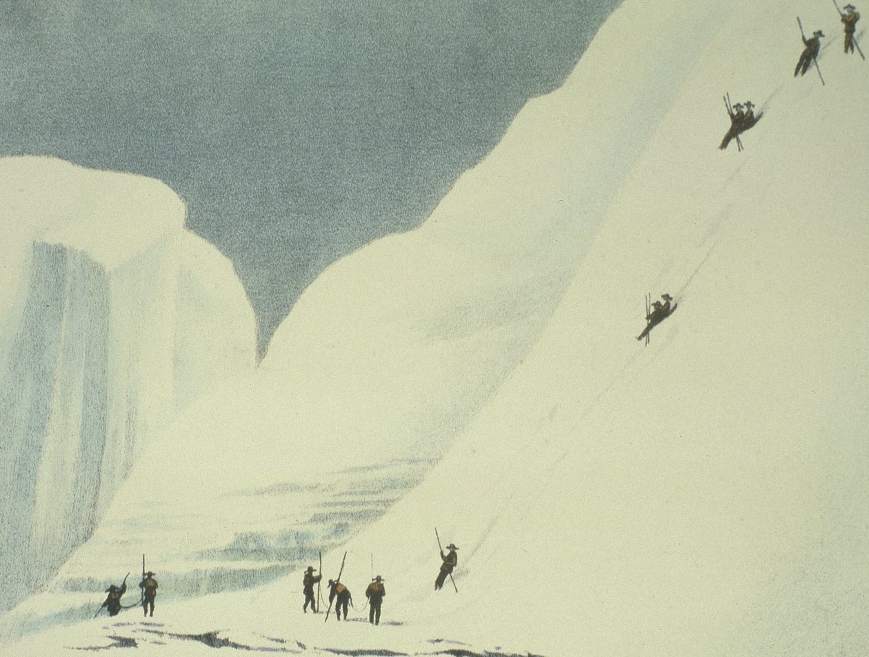 Opuszczając strome śniegi, z Narracji o wspinaczce na szczyt Mont Blanc autorstwa Charles Fellows (1799-1860), opublikowana w 1827 r. autorstwa English School