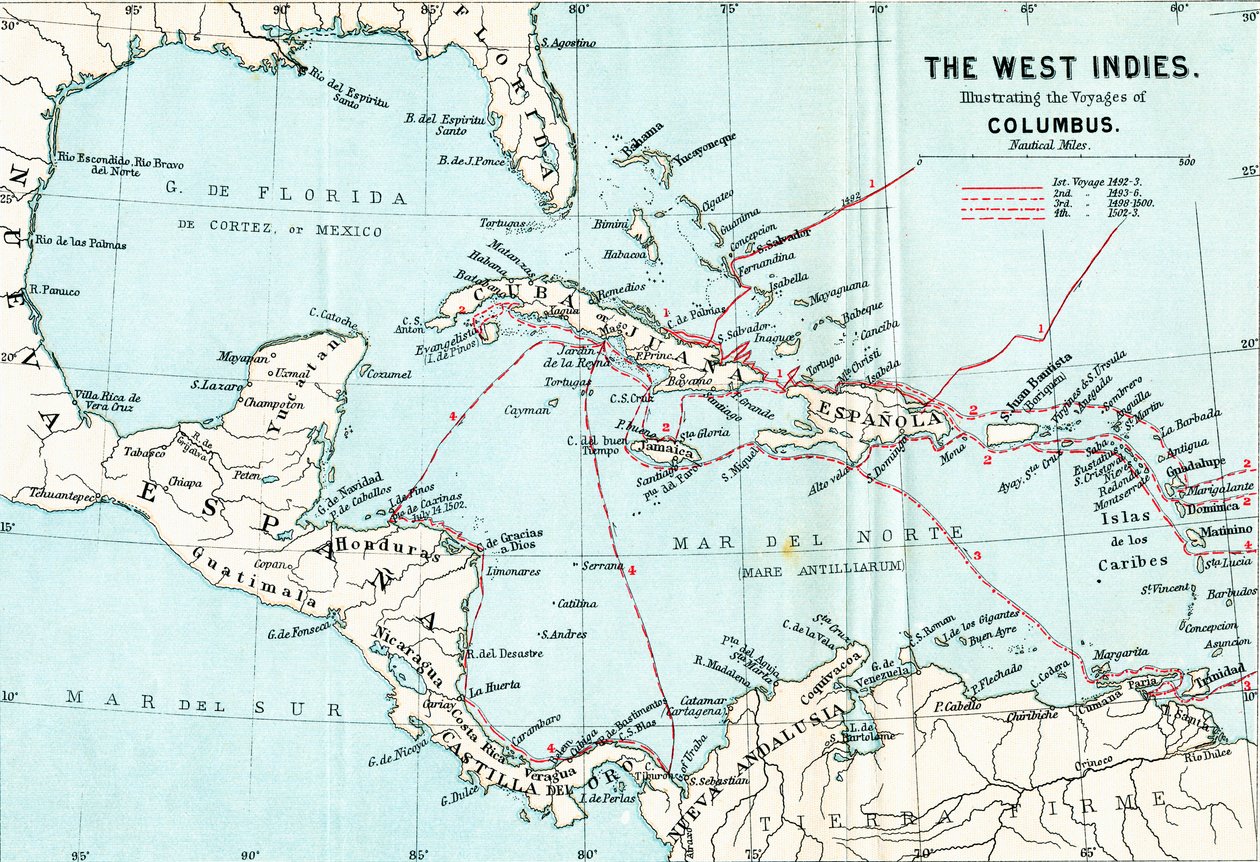 Mapa Indii Zachodnich ilustrująca podróże Krzysztofa Kolumba, z Life of Christopher Columbus Clementsa R. Markhama, opublikowana w 1892 r. autorstwa English School