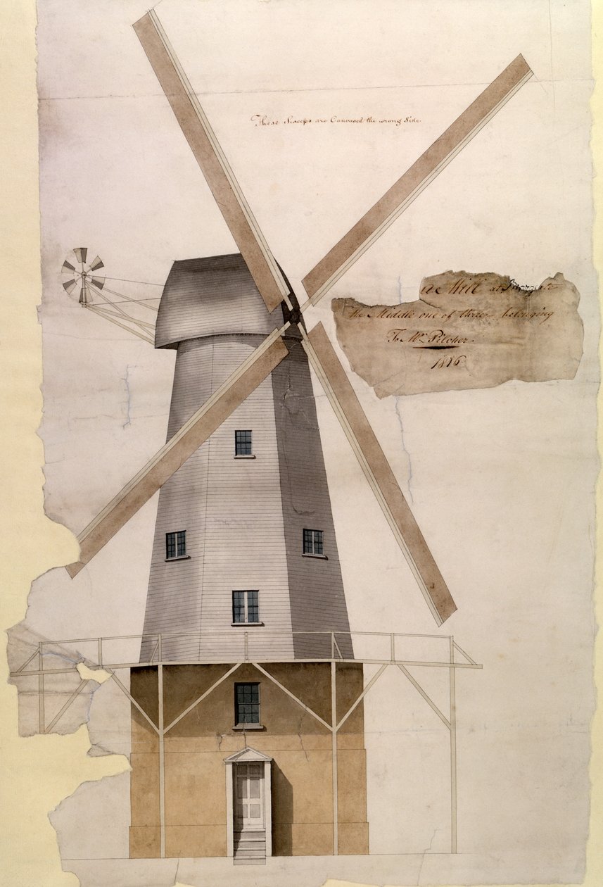 Wiatrak pana Pilchersa w Margate, Kent, 1816 (pióro i atrament, ołówek i pranie na papierze) autorstwa English School