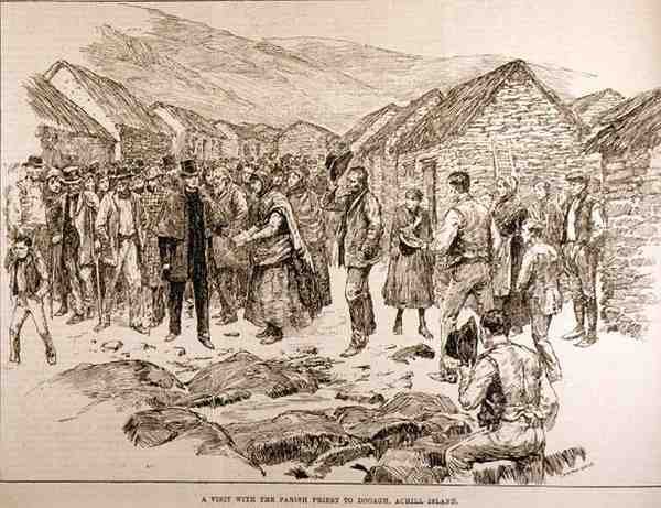 The Distress in the West of Ireland: Wizyta z proboszczem w Dooagh na wyspie Achill, z The Illustrated London News, 4 października 1886 autorstwa English School